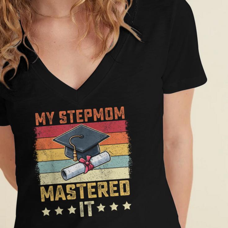 My Stepmom Mastered It Master's Degree Graduation Vintage Women's Jersey Short Sleeve Deep V-Neck Tshirt