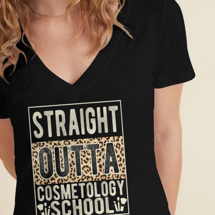 Straight Outta Cosmetology School Leopard Graduation Women's Jersey Short Sleeve Deep V-Neck Tshirt
