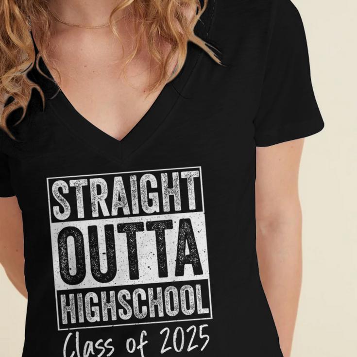 Straight Outta High School Graduation Class Of 2025 Grad Women's Jersey Short Sleeve Deep V-Neck Tshirt