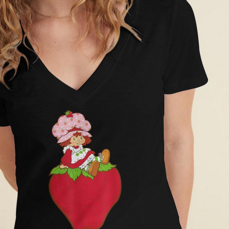 Strawberry Shortcake Sitting On Strawberry Retro Nostalgia Women's Jersey Short Sleeve Deep V-Neck Tshirt