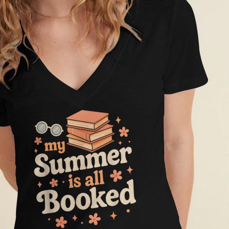 My Summer Is All Booked Book Lover Reading Vacation 2025 Women's Jersey Short Sleeve Deep V-Neck Tshirt