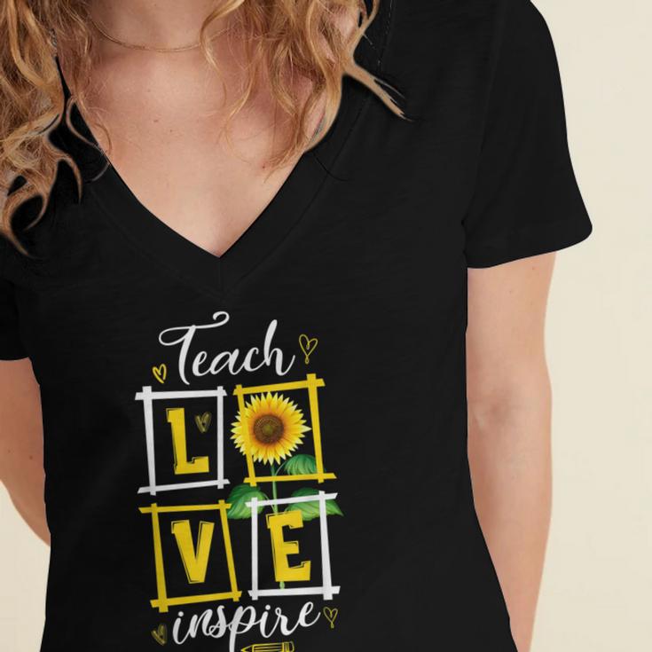Sunflower Teach Love Inspire Cool Graduation Teacher School Women's Jersey Short Sleeve Deep V-Neck Tshirt