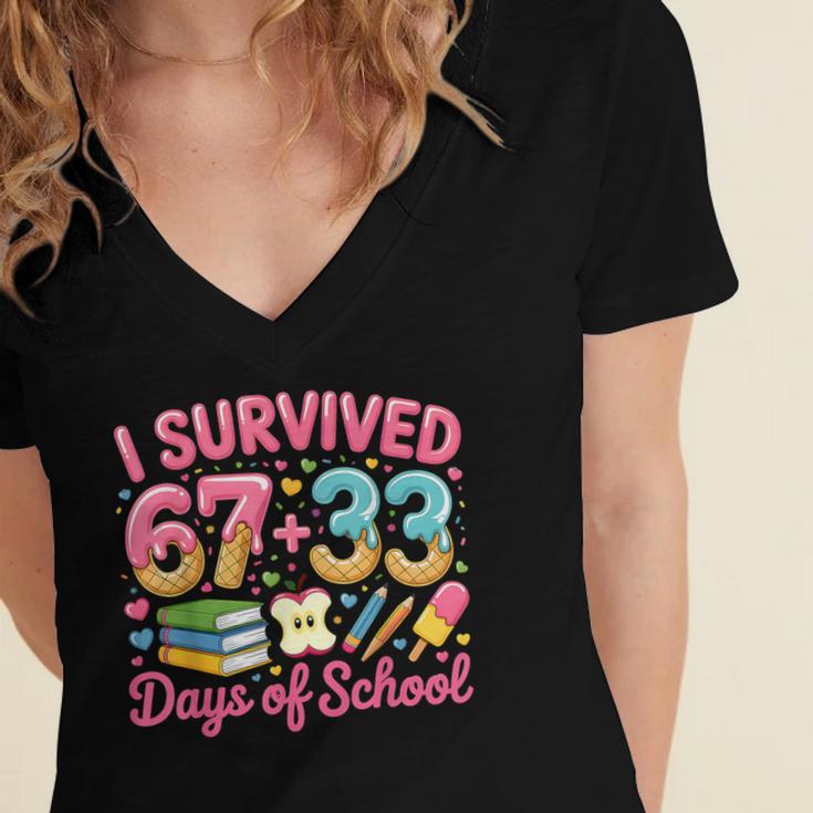 Survived 67 Days Of School Ice Cream Drip Apple Pencil Book Women's Jersey Short Sleeve Deep V-Neck Tshirt