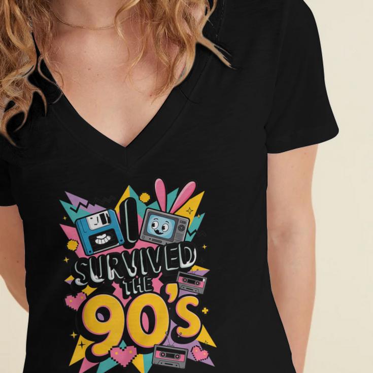 I Survived The 90s – Cute Retro Cartoon Nostalgia Women's Jersey Short Sleeve Deep V-Neck Tshirt