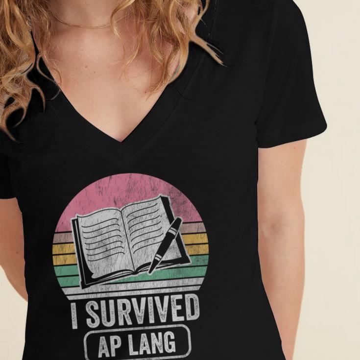 I Survived AP Lang Retro Book Graphic Women's Jersey Short Sleeve Deep V-Neck Tshirt