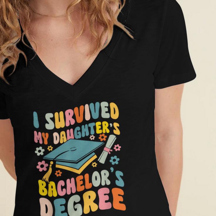 i Survived My Daughter's Bachelors Degree Groovy Graduation Women's Jersey Short Sleeve Deep V-Neck Tshirt