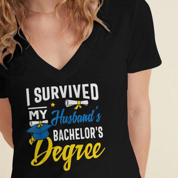 i Survived My Husbands Bachelors Degree Graduation Gifts Women's Jersey Short Sleeve Deep V-Neck Tshirt