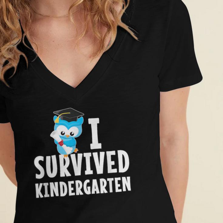 I Survived Kindergarten Graduation Kids Owl Grad Women's Jersey Short Sleeve Deep V-Neck Tshirt