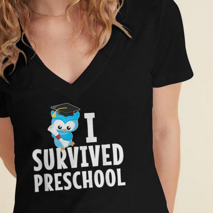 I Survived PreSchool Graduation Kids Owl Grad Shirt Women's Jersey Short Sleeve Deep V-Neck Tshirt