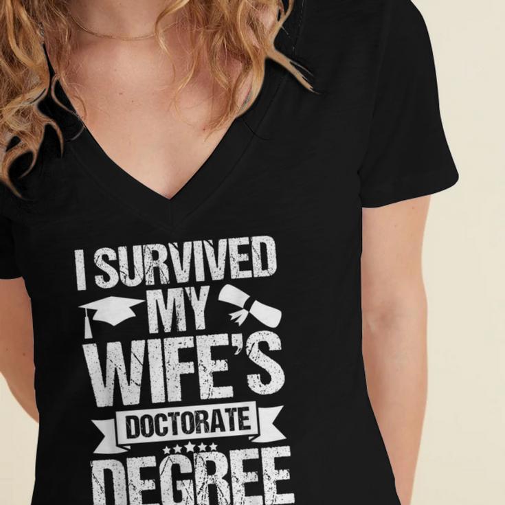 I Survived My Wifes Doctorate Degree Graduation Women's Jersey Short Sleeve Deep V-Neck Tshirt