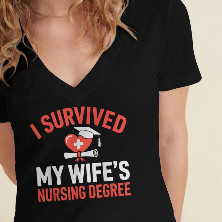 I Survived My Wife's Nursing Degree Rn Graduation Nurse Women's Jersey Short Sleeve Deep V-Neck Tshirt