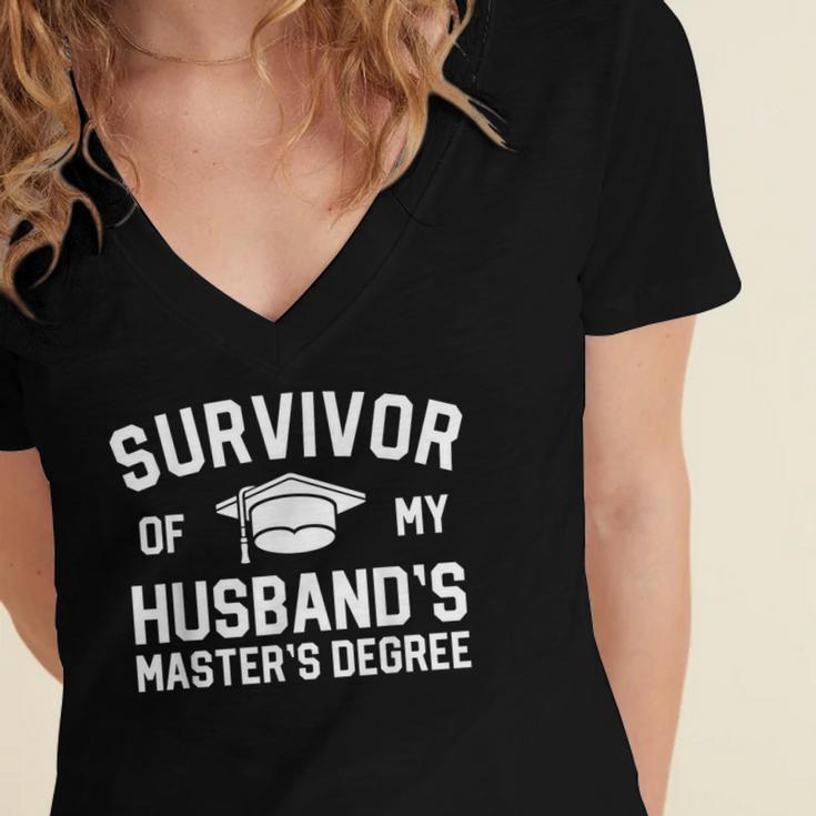 Survivor Of My Husbands Masters Degree Graduation Wife Women's Jersey Short Sleeve Deep V-Neck Tshirt