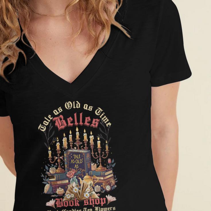 Tale As Old As Time Belles Book Shop Book Candles Tea Flower Women's Jersey Short Sleeve Deep V-Neck Tshirt
