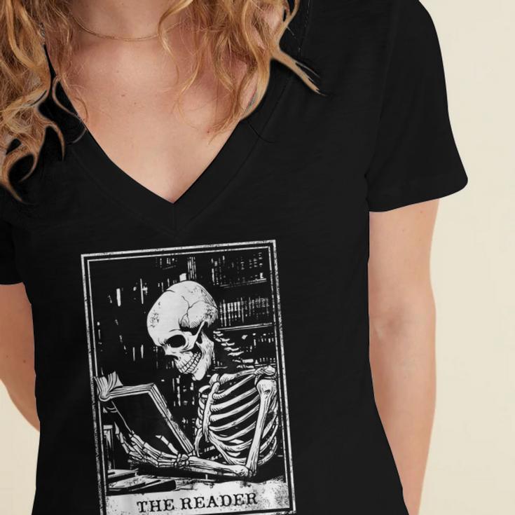 Tarot Card Shirt The Reader Tarot Skeleton Reading Book Women's Jersey Short Sleeve Deep V-Neck Tshirt