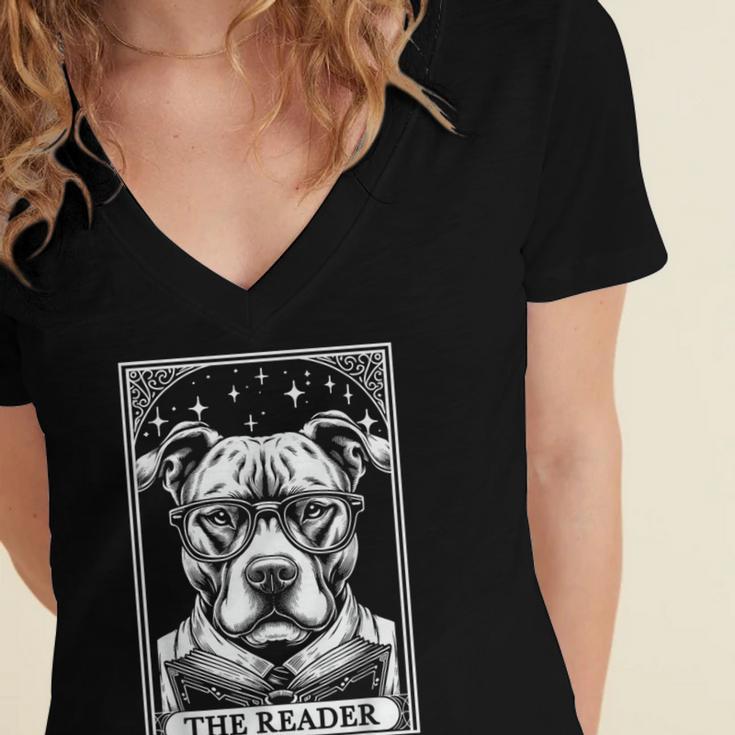 Tarot Card Vintage Pit Bull Pittie Dog Book Lover The Reader Women's Jersey Short Sleeve Deep V-Neck Tshirt
