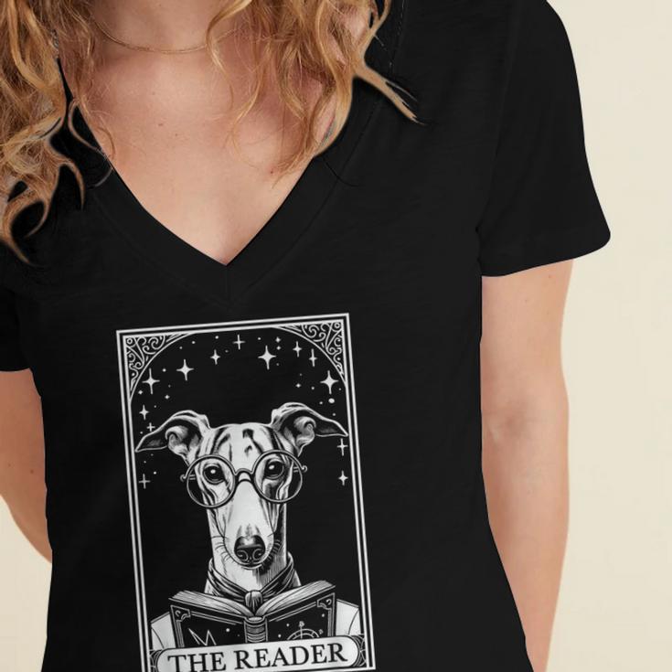 Tarot Card Vintage Whippet Dog Book Lover The Reader Women's Jersey Short Sleeve Deep V-Neck Tshirt Tarot Card Vintage Whippet Dog Book Lover The Reader Women's Jersey Short Sleeve Deep V-Neck Tshirt