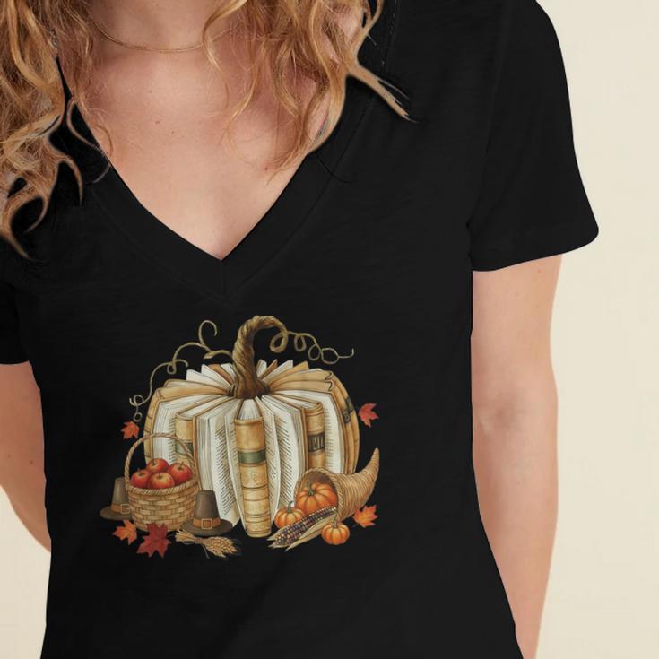 Teacher Book Pumpkin Fall Reading Thanksgiving Autumn Women's Jersey Short Sleeve Deep V-Neck Tshirt