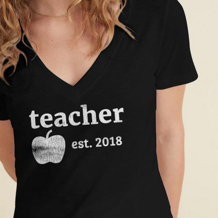 Teacher Est 2018 Vintage Graduation Women's Jersey Short Sleeve Deep V-Neck Tshirt
