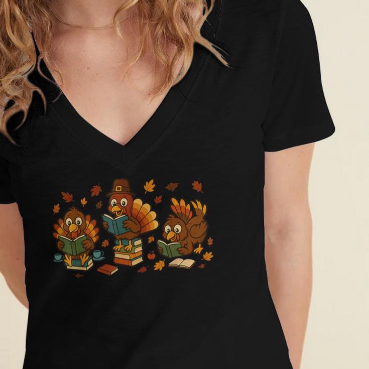Teacher Fall Thanksgiving Turkey Reading Books Lovers Women's Jersey Short Sleeve Deep V-Neck Tshirt Teacher Fall Thanksgiving Turkey Reading Books Lovers Women's Jersey Short Sleeve Deep V-Neck Tshirt