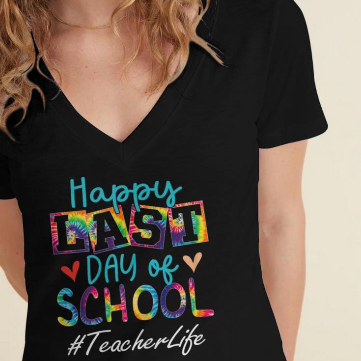 Teacher Happy Last Day Of School Women Men Graduation Women's Jersey Short Sleeve Deep V-Neck Tshirt