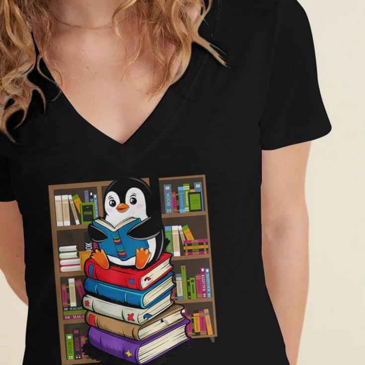 Teacher Librarian Kawaii Penguin Book Lover Penguin Women's Jersey Short Sleeve Deep V-Neck Tshirt
