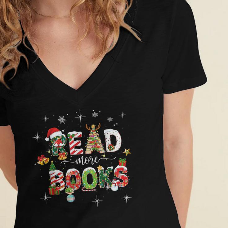 Teacher Read More Books Christmas Reading Bookworm Librarian Women's Jersey Short Sleeve Deep V-Neck Tshirt