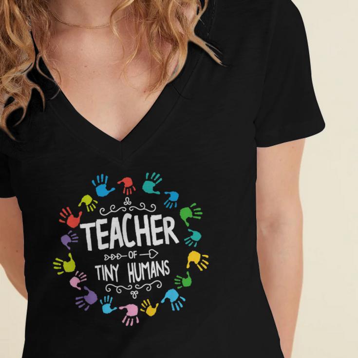 Teacher Of Tiny Humans Preschool Kindergarten Graduation Women's Jersey Short Sleeve Deep V-Neck Tshirt