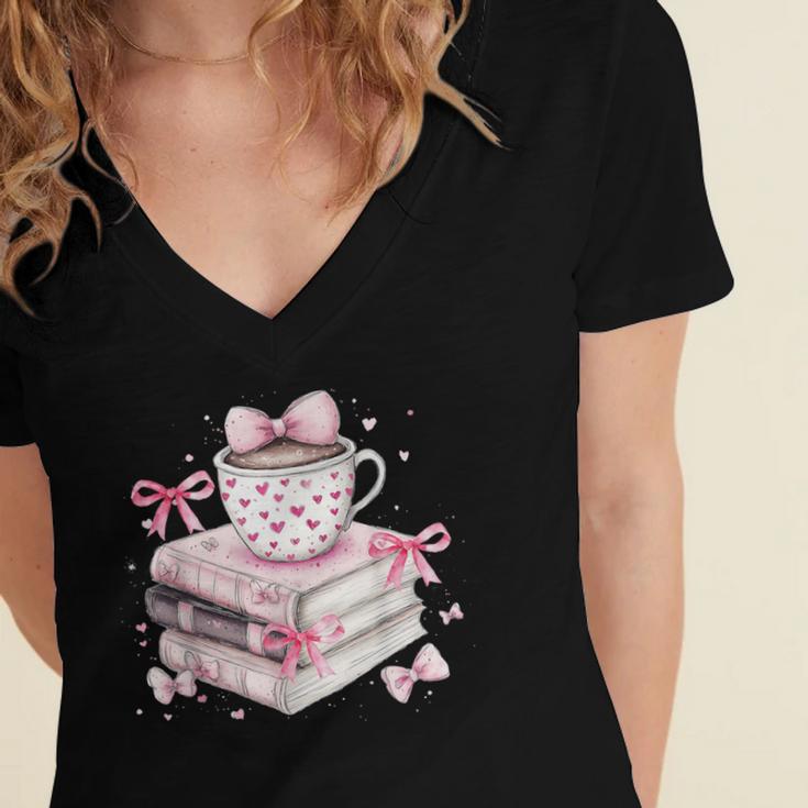 Teacher Valentine's Day All Booked For Valentines Reading Women's Jersey Short Sleeve Deep V-Neck Tshirt