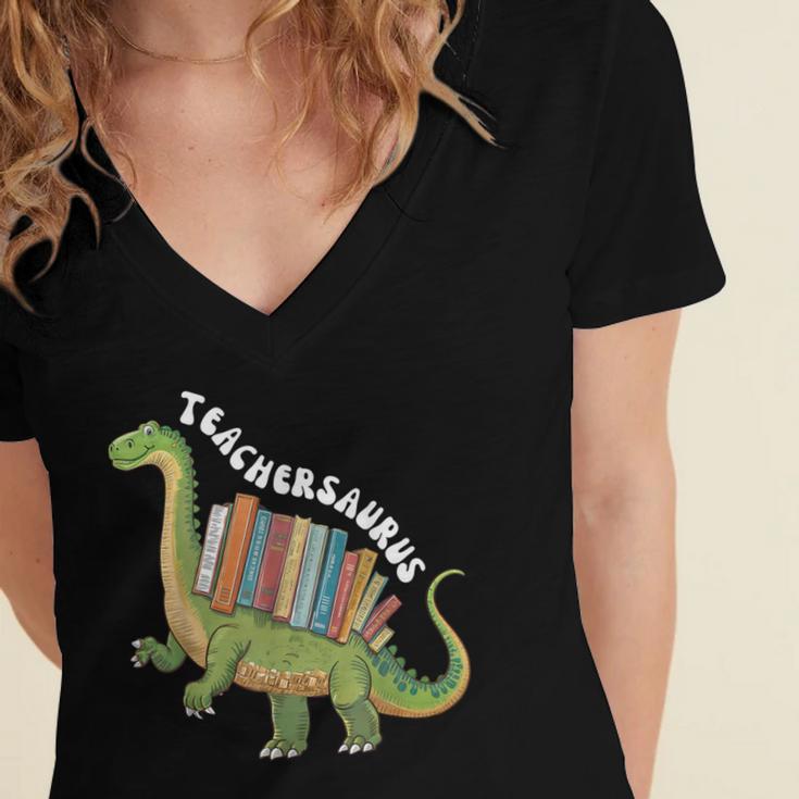 Teachersaurus Dinosaur Teachers Dino Reading Book Librarian Women's Jersey Short Sleeve Deep V-Neck Tshirt