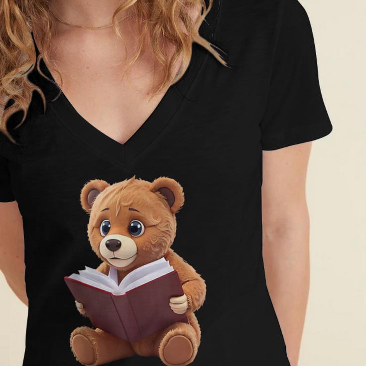 Teddy Bear Reading a Book Women's Jersey Short Sleeve Deep V-Neck Tshirt