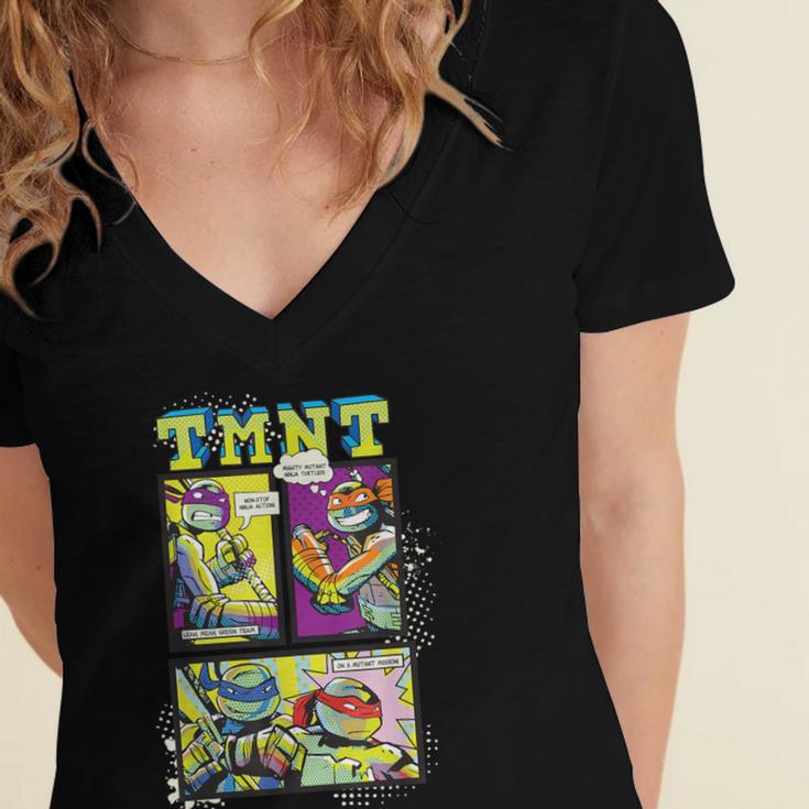 Teenage Mutant Ninja Turtles Retro Neon Comic Book Panels Women's Jersey Short Sleeve Deep V-Neck Tshirt