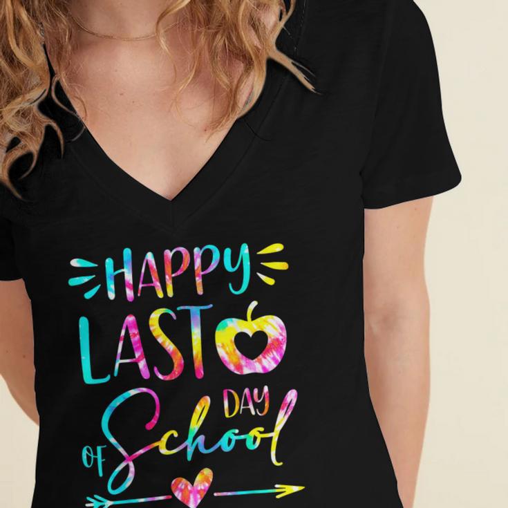 Tie Dye Happy Last Day Of School Graduation Teacher Student Women's Jersey Short Sleeve Deep V-Neck Tshirt