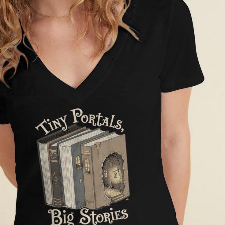 Tiny Portals Big Stories Book Nook Fantasy Gateway Women's Jersey Short Sleeve Deep V-Neck Tshirt
