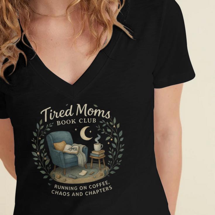 Tired Moms Book Club Coffee Chaos And Chapters Women's Jersey Short Sleeve Deep V-Neck Tshirt Tired Moms Book Club Coffee Chaos And Chapters Women's Jersey Short Sleeve Deep V-Neck Tshirt