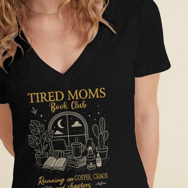 Tired Moms Book Club Coffee Chaos Chapters Women's Jersey Short Sleeve Deep V-Neck Tshirt