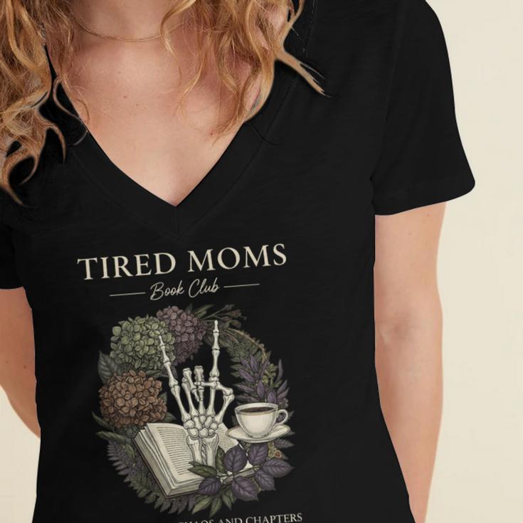 Tired Moms Book Club Dark Floral Coffee Skeleton Women's Jersey Short Sleeve Deep V-Neck Tshirt Tired Moms Book Club Dark Floral Coffee Skeleton Women's Jersey Short Sleeve Deep V-Neck Tshirt