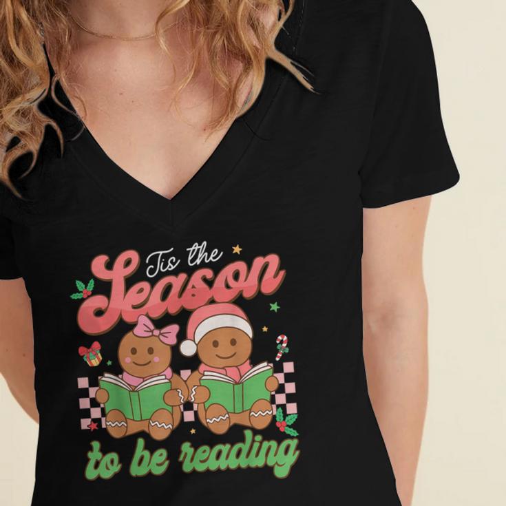 Tis The Season Book Reading Gingerbread Teacher Librarian Women's Jersey Short Sleeve Deep V-Neck Tshirt Tis The Season Book Reading Gingerbread Teacher Librarian Women's Jersey Short Sleeve Deep V-Neck Tshirt