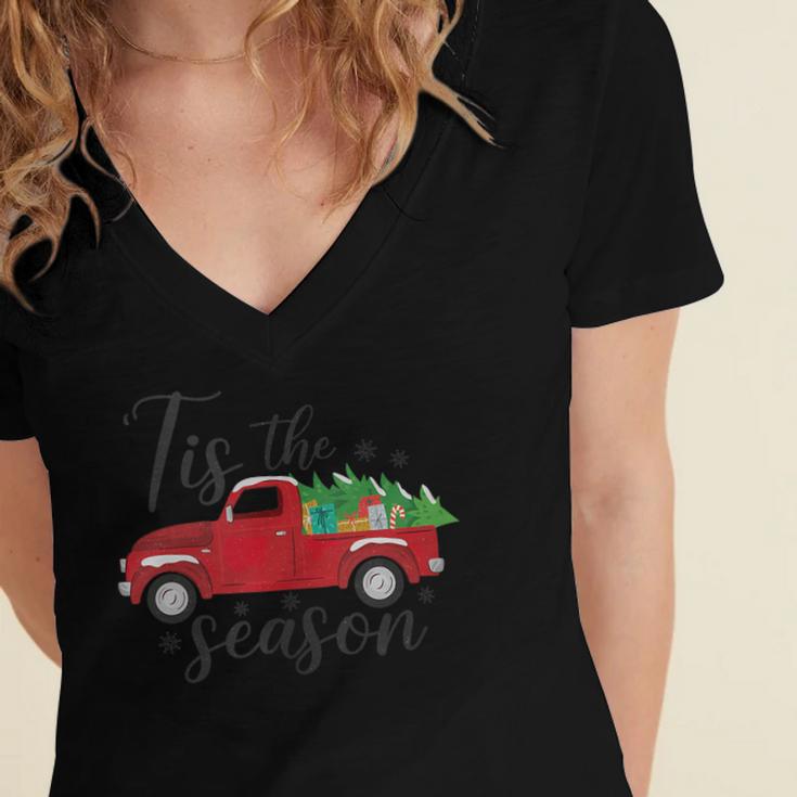 Tis The Season Holiday Nostalgia Red Truck Women's Jersey Short Sleeve Deep V-Neck Tshirt