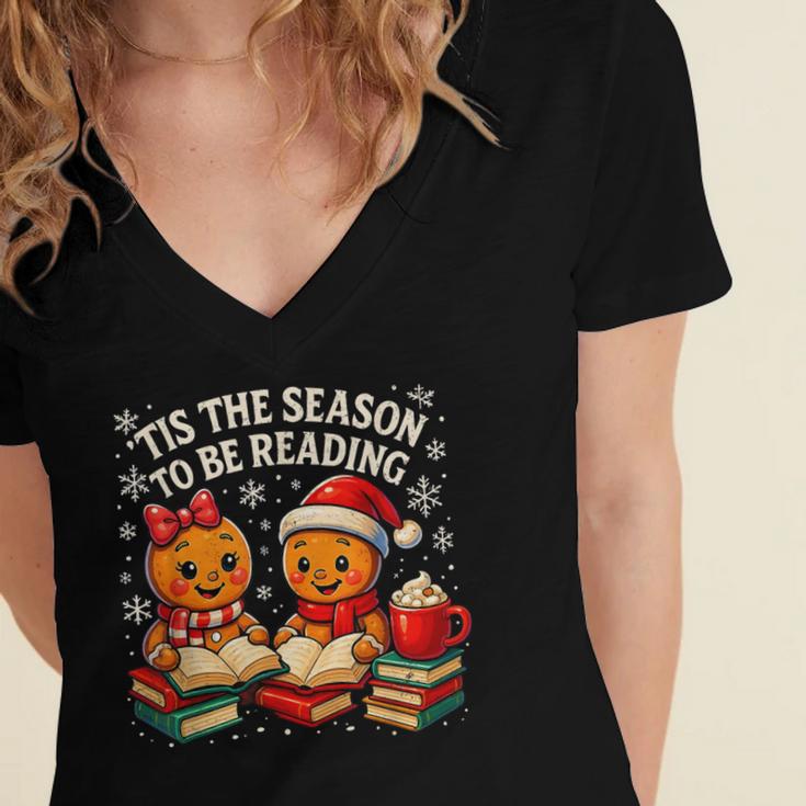 ’Tis The Season To Be Reading Book Lover Women's Jersey Short Sleeve Deep V-Neck Tshirt