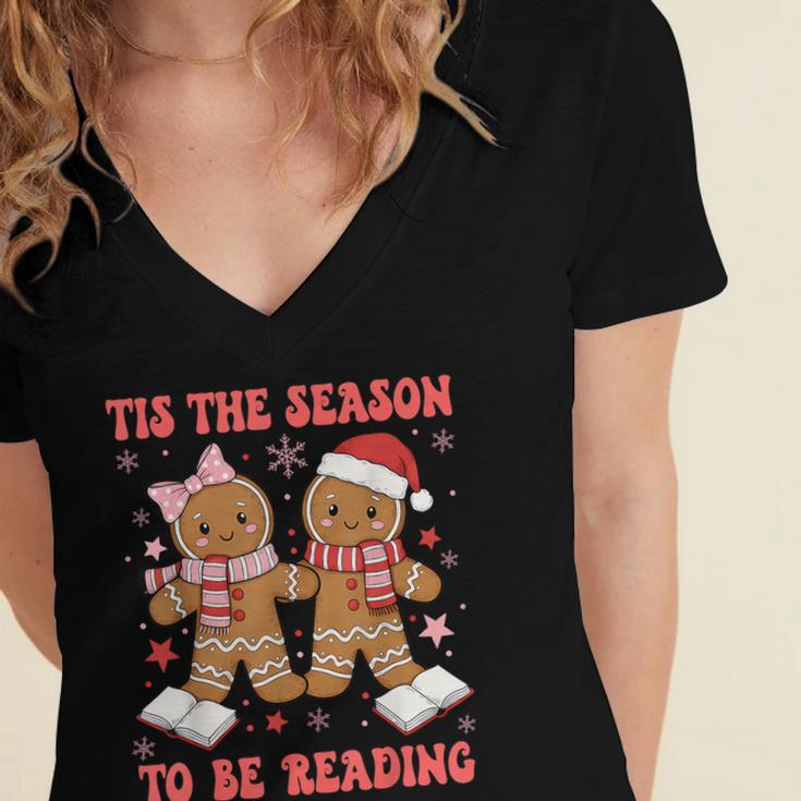 Tis The Season Reading Christmas Shirt Book Lovers Teacher Women's Jersey Short Sleeve Deep V-Neck Tshirt