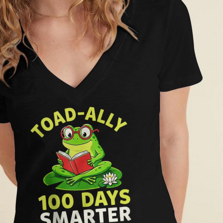 Toad-Ally 100 Days Smarter Frog Reading Book 100 School Day Women's Jersey Short Sleeve Deep V-Neck Tshirt