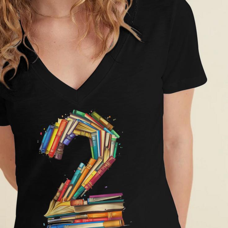 Toddler 2nd Birthday Books Themed 2 Year Old Boys Kids Girls Women's Jersey Short Sleeve Deep V-Neck Tshirt