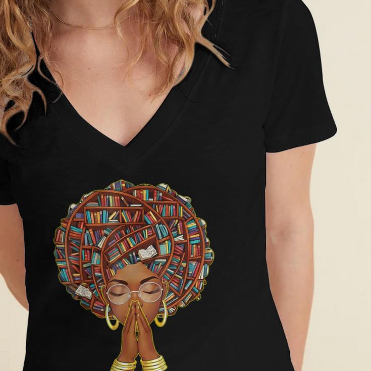 History Month Afro Book Lover Women Girls Librarian Women's Jersey Short Sleeve Deep V-Neck Tshirt