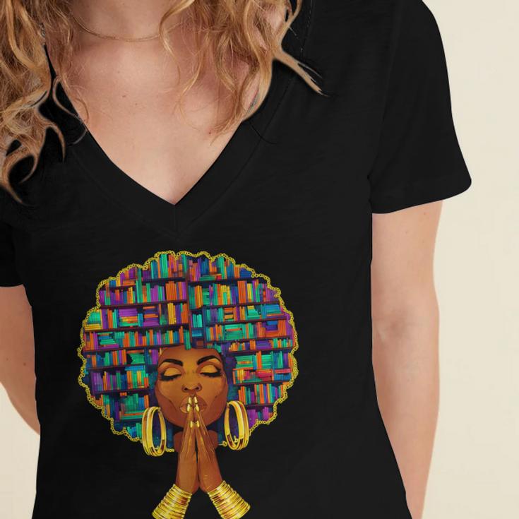History Month Afro Women Book Lover Librarian Teacher Women's Jersey Short Sleeve Deep V-Neck Tshirt