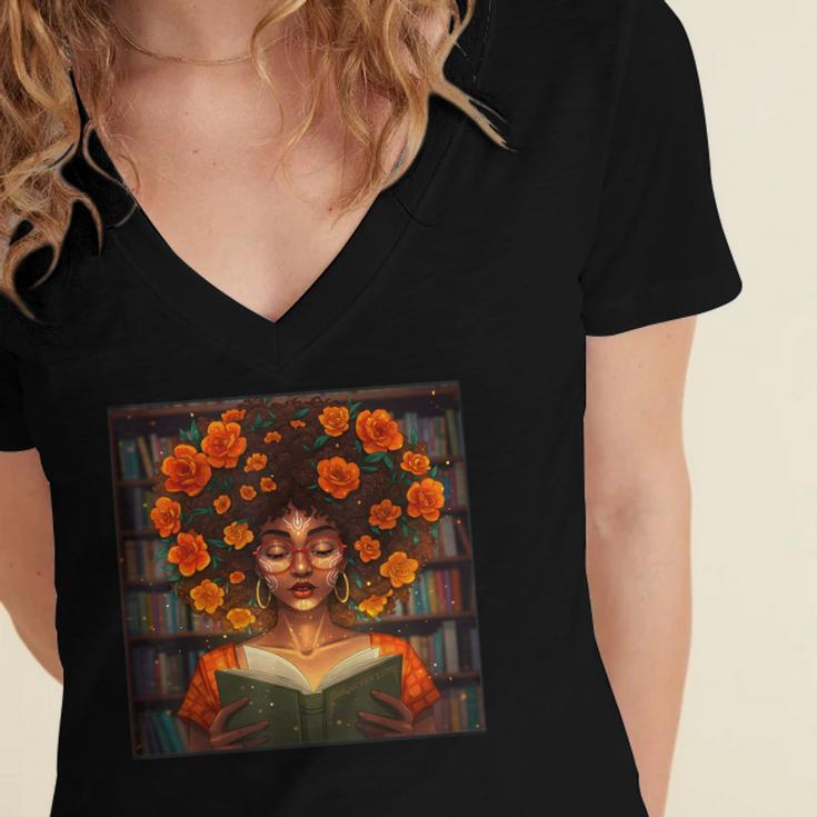History Month Black Afro Girl Women Book Lovers Women's Jersey Short Sleeve Deep V-Neck Tshirt