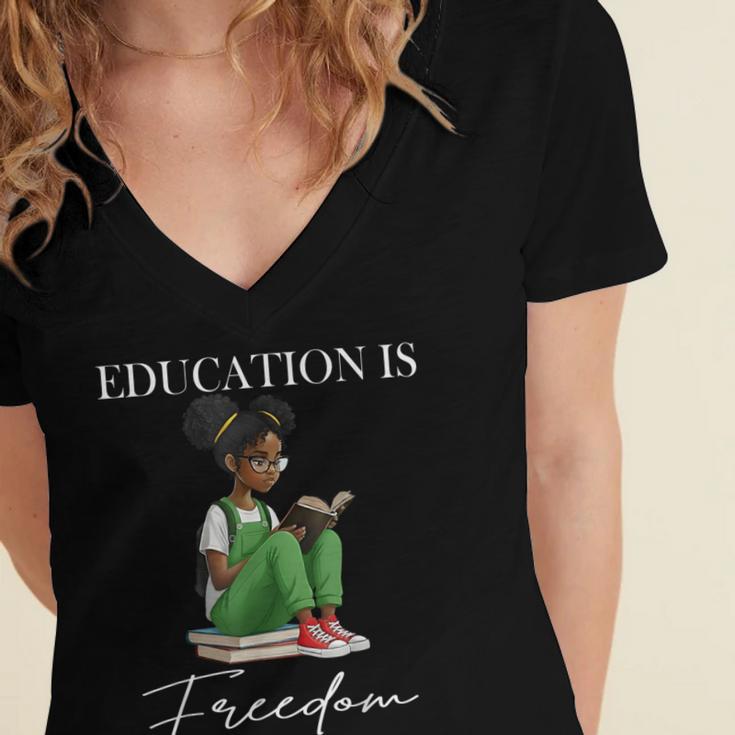 History Month Education Is Freedom Books Black Teacher Women's Jersey Short Sleeve Deep V-Neck Tshirt