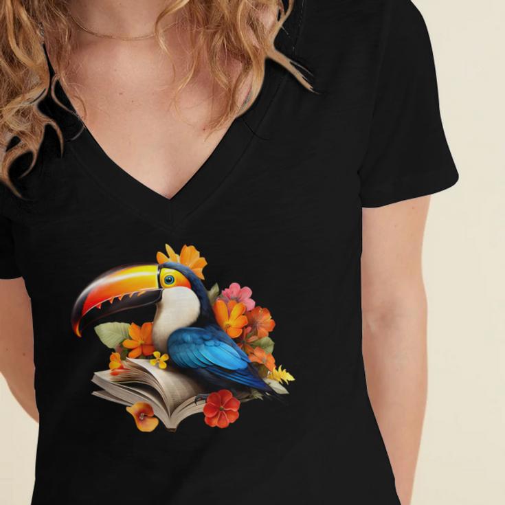 Toucan Reading Book Women's Jersey Short Sleeve Deep V-Neck Tshirt