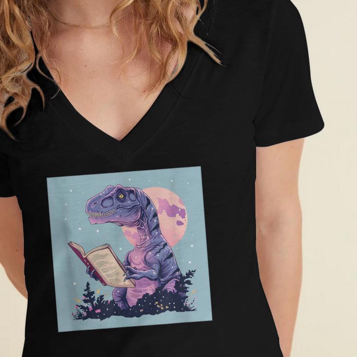 Trex Reading Book Dinosaur Women's Jersey Short Sleeve Deep V-Neck Tshirt