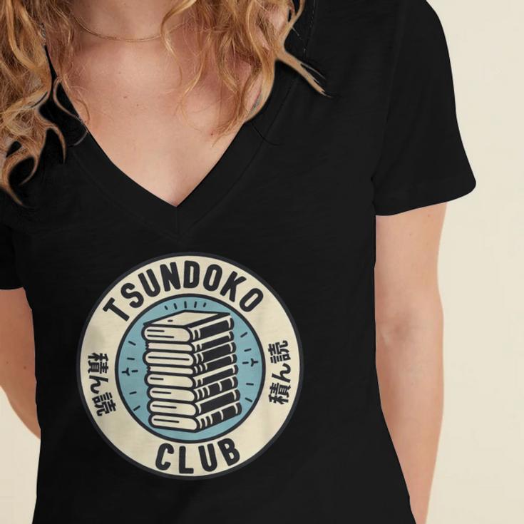 Tsundoku Club Book Lovers Bibliophile Booktok Reading Women's Jersey Short Sleeve Deep V-Neck Tshirt