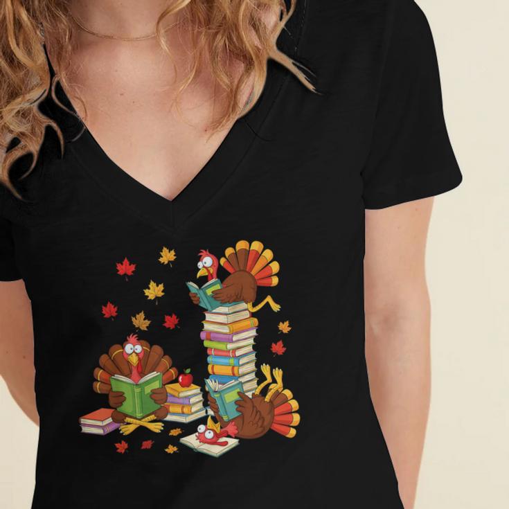 Turkey Reading Books Fall Librarian Book Lover Teacher Kids Women's Jersey Short Sleeve Deep V-Neck Tshirt